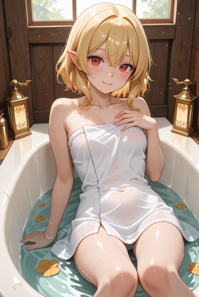 nsfw, ((1girl)), ((masterpiece)), realistic, ((highly detailed:1.3)), beautiful elf princess bathing in a marble tub, ((very long blonde hair)), wet hair, wearing a sheer bathrobe, clothed bathing, ivorygoldai, royal palace bathroom setting, steam, ornate marble tub, (rose petals floating in water:1.3), early morning light, windows, crepuscular lighting