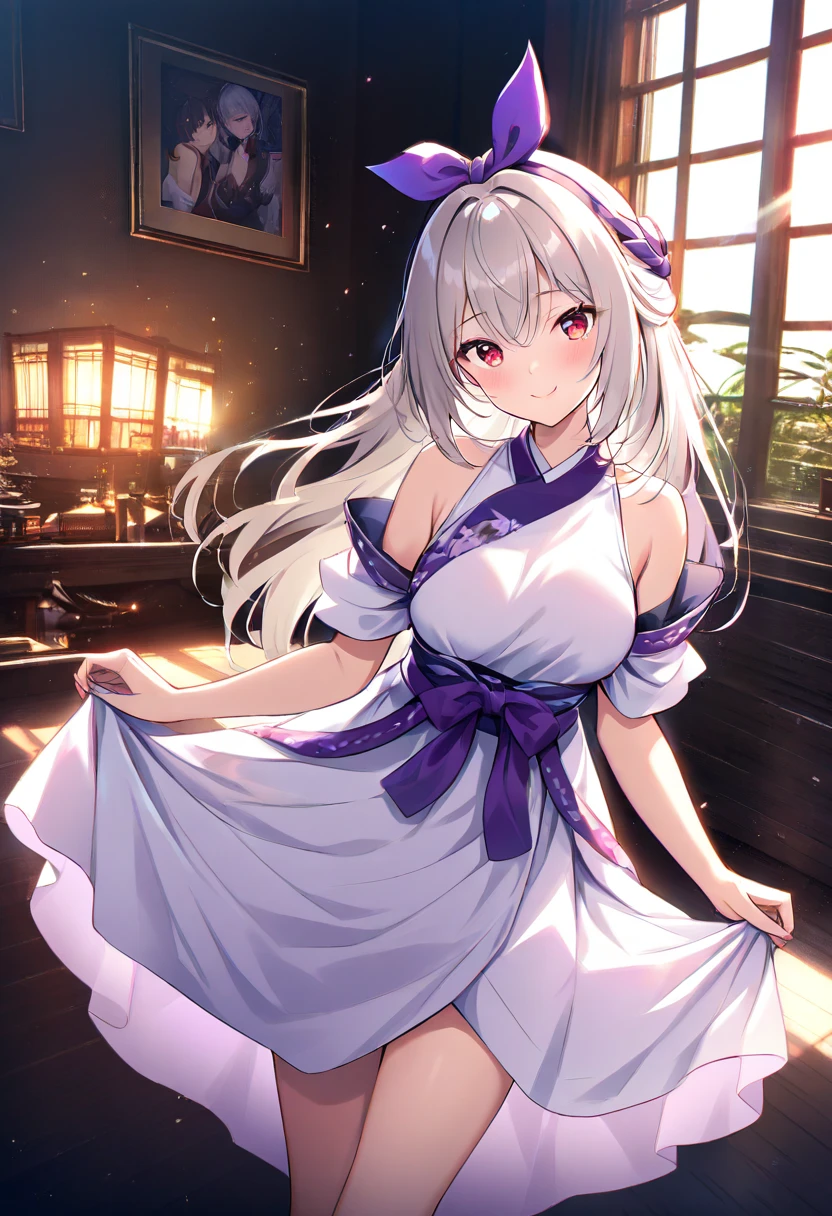 (Masterpiece), (Top Quality Anime Illustration), (Super Detail), (Solo), Silver-Haired Beautiful Girl, Anime , Cat Ear Lolie-through Yukata in Pale Night Color, Short Yukata, Sleeveless, Side Boob, Smile, Side Breasts, Thigh Focus, Butt Focus, Onsen