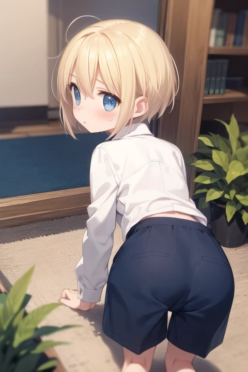 (best quality,4k,8k,highres,masterpiece:1.2),ultra-detailed,portraits,cute,blonde-haired boy with a head flower,green-haired boy with a head wreath, white shirt, from behind,ass focus,exposing self,panties,petite, sitting on camera, close up, camera under ass