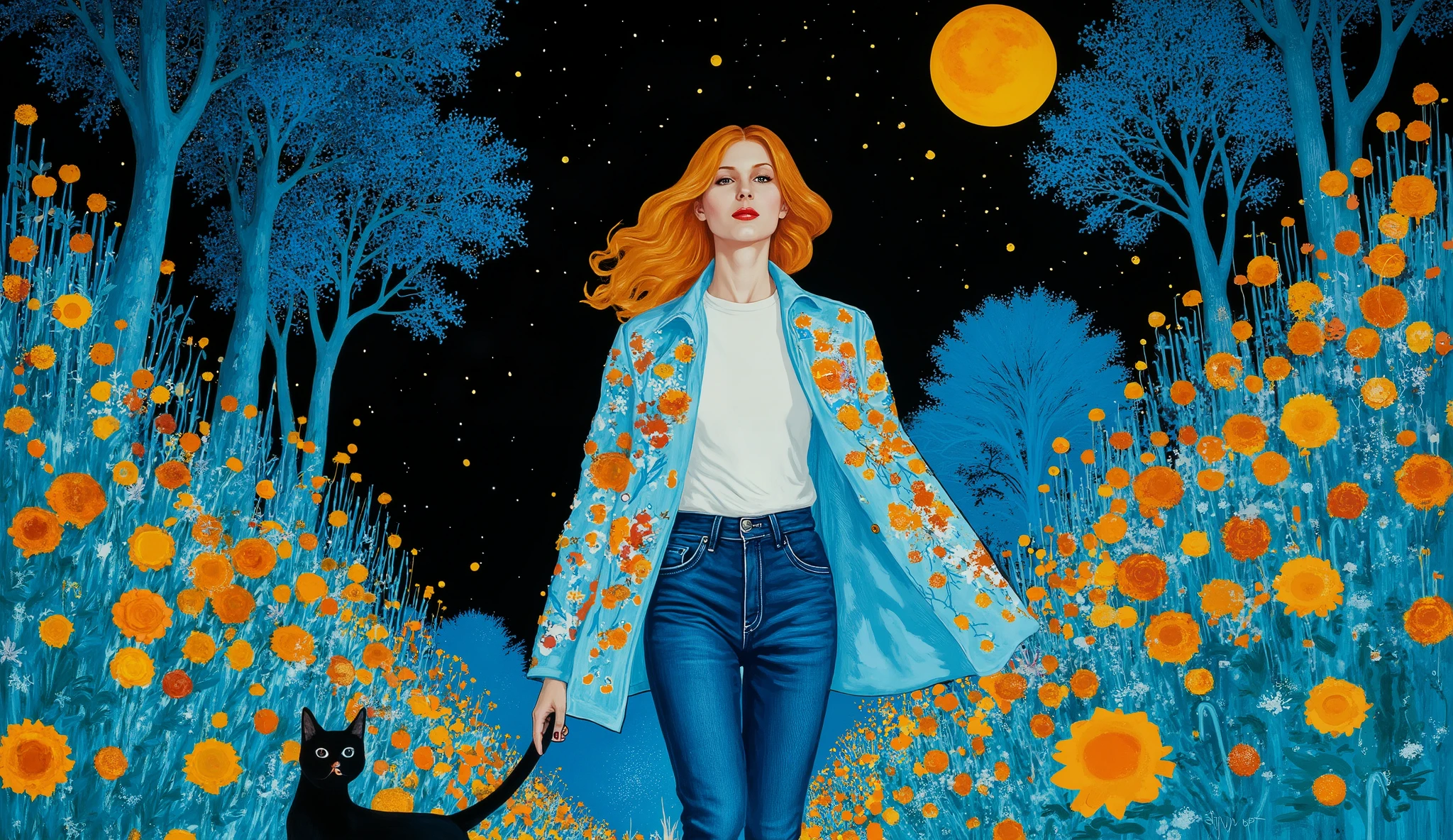 surreal fantasy, acrylic, Linda garota com cabelo longo e ondulado, jeans, t-shirt and a lightjacket, street wear cloths, walking in the park with a cat , palette of color Lapis Lazuli, Oxford Blue, Turquoise, Raw Sienna, Brown (Crayola), ethereal mood, night, starry night.. acrylic, fashion illustration.