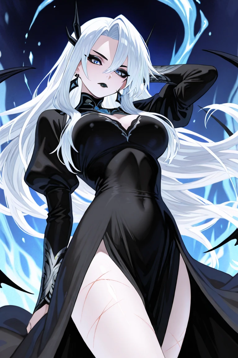 A large woman with spider-like features, wearing a web as clothing long dress low-cut white chrysalis hair