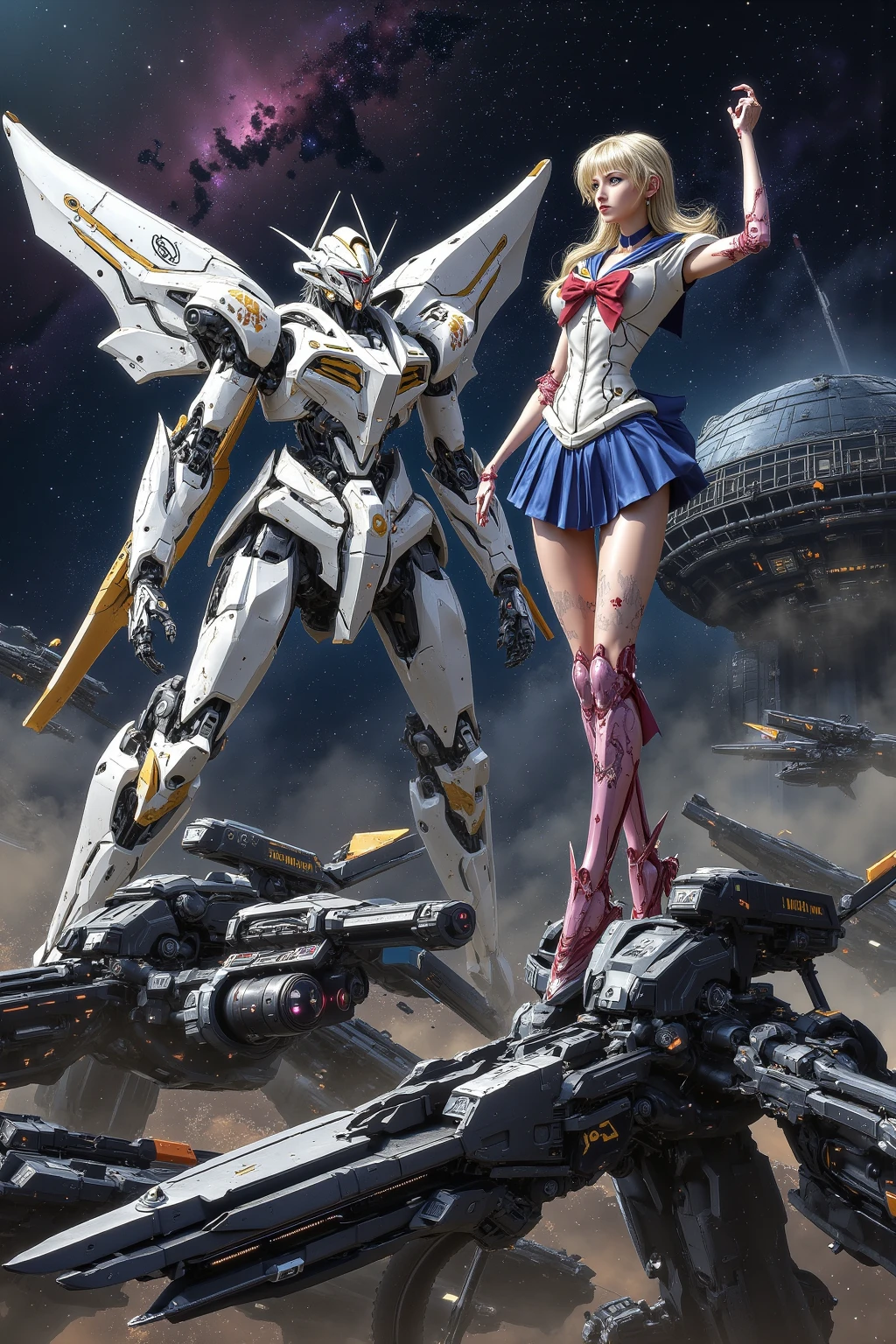 (best quality), (masterpiece), Mobile Suit Gundam F91 Anthropomorphic, Browse, Highlights of the upper body, powerful mecha, Beam rifle, girl, 21 years old, baby face, beautiful eyes, Modest nose, Neat, Smile, Absolute area, wet、slightly thicker thighs, Short skirt, Legs open, whole body, universe, Battle scene with enemies,