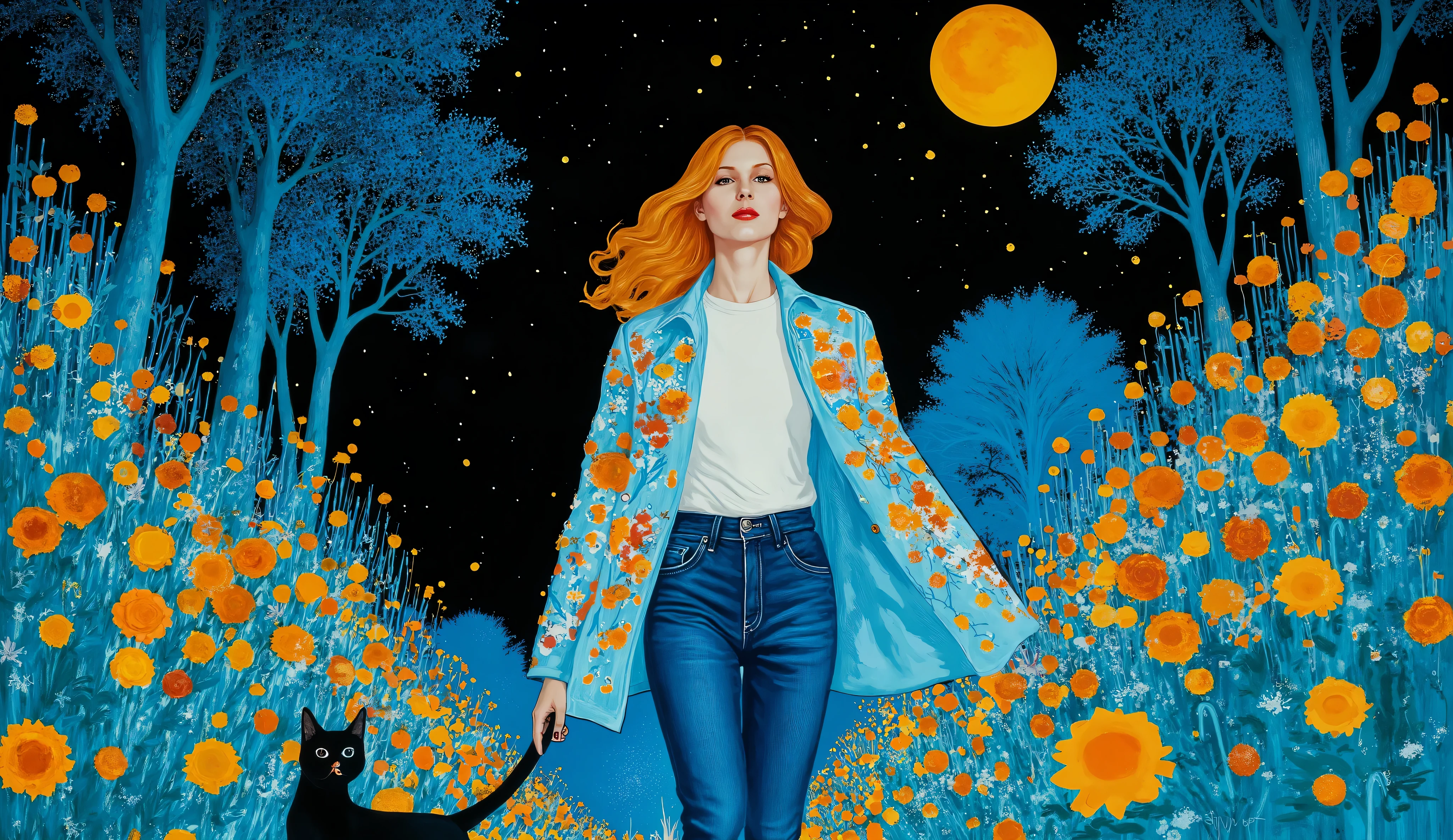 surreal fantasy, acrylic, Linda garota com cabelo longo e ondulado, jeans, t-shirt and a lightjacket, street wear cloths, walking in the park with a cat , palette of color Lapis Lazuli, Oxford Blue, Turquoise, Raw Sienna, Brown (Crayola), ethereal mood, night, starry night.. acrylic, fashion illustration.