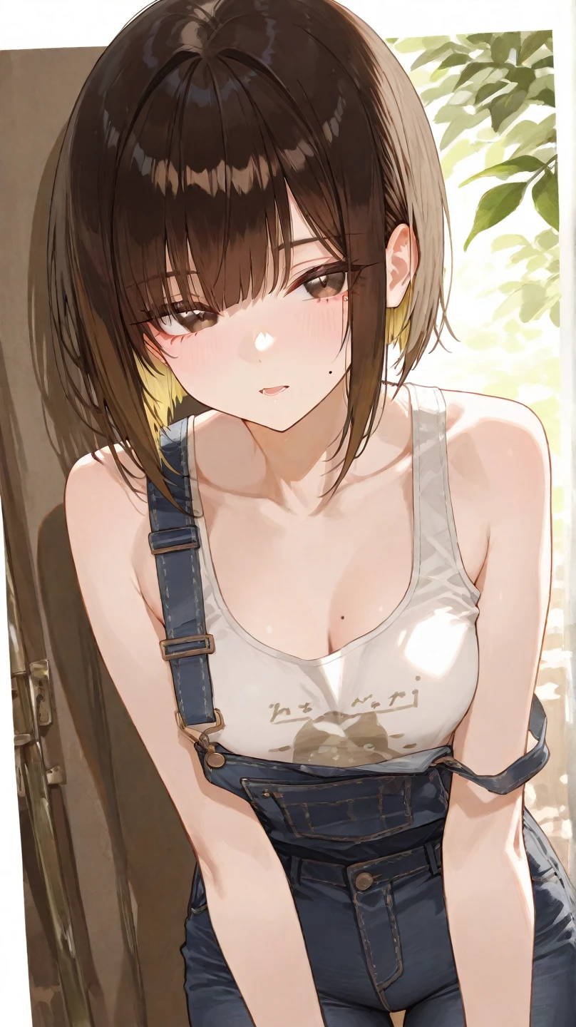Sleeveless collared shirt、Super denim shorts、belt、Shyness、Japanese Beauty、Drunk and crying、Standing in front of a wooden wall、watch