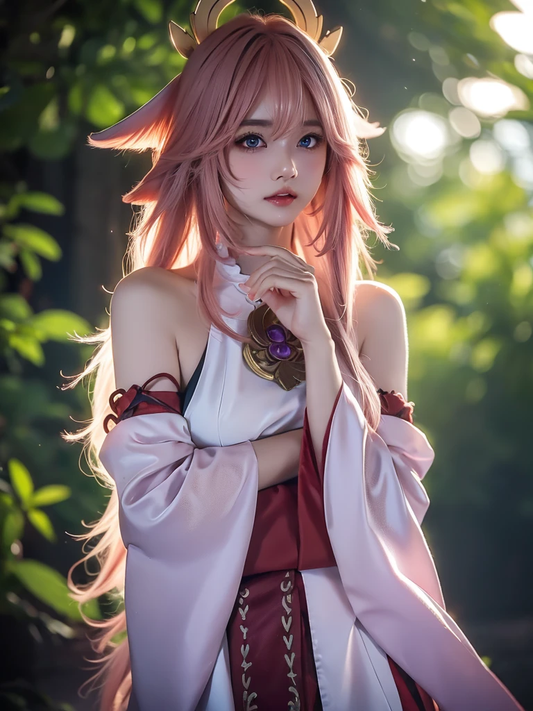 masterpiece, rich colors, Best quality, detailed, high resolution, high quality, high detail, thin sexy goddess Yae Miko , Five-tailed celestial kitsune, purple eyes, ((long pink hair)), pink pubic hair, ((bald tail)), ((very small fluffy fox ears)), kimono, smile, seduction, bright lighting , green eyes, anime, palm trees, beach, bright lighting, ((ROW фотография)),