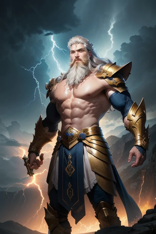 "Powerful Zeus-like figure commanding Mount Olympus, engulfed in bolts of lightning."