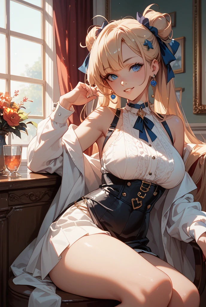 standing alone, 1 girl, work of art, best qualityer, extremely detaild, cinematic lighting, intricate-detail, high resolution, offcial art, beautiful face and finely detailed eyes, ilustração de high resolution, 8K, dark intense shadows, overexposure, [hair blonde/chestnut hair], single braid, blue colored eyes, cups, presumptuous, sitting down on chair, trunk, breasts big, white shirts, yellow suspenders, Boken_battery, bookcase, ((vine)), Pink, gazing at viewer, slim, muslos grandes, ecchi, sexly, Grinning, complete body, panties showing