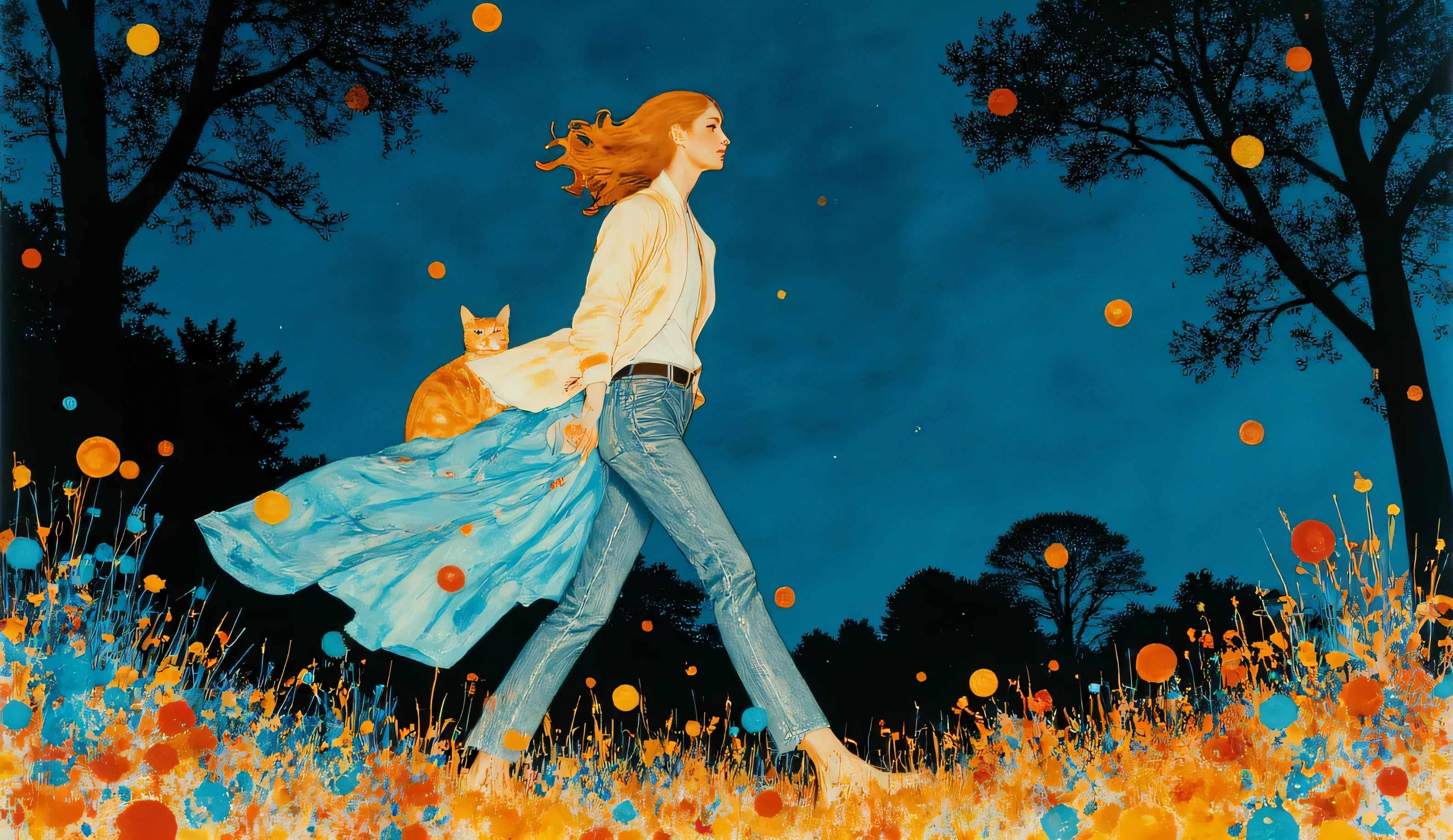 surreal fantasy, acrylic, Linda garota com cabelo longo e ondulado, jeans, t-shirt and a lightjacket, street wear cloths, walking in the park with a cat on lap, palette of color Lapis Lazuli, Oxford Blue, Turquoise, Raw Sienna, Brown (Crayola), ethereal mood, night, starry night.. acrylic, fashion illustration.