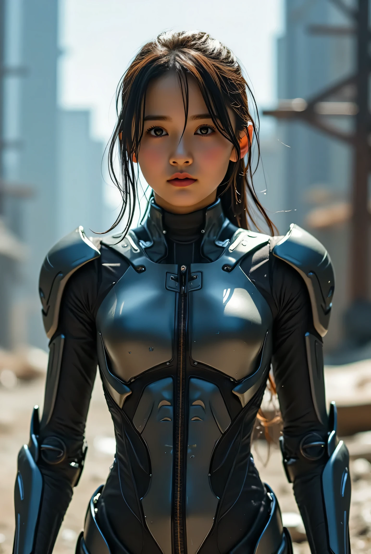 Girl in a robot suit, In front of the image 