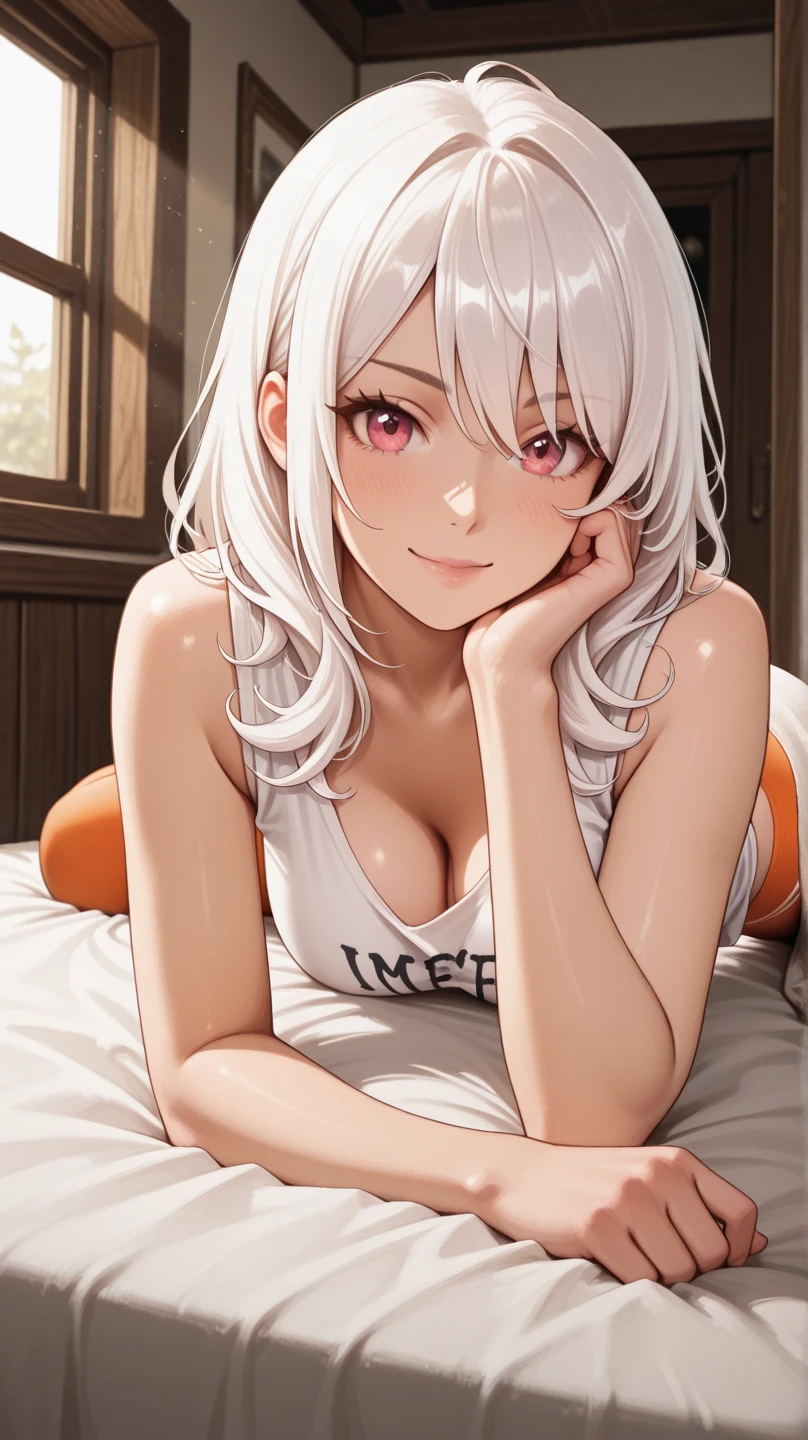 ((sexy girl)), ((young_adult_face)), (glowing golden eyes), anime girl, gradient (white hair), asymmetrical bob haircut, bob haircut, asymmetrical hair, (shiny skin), white_hair, solo, rating:questionable, indoors, ❤ love, beautiful, ((masterpiece)), nude, smiling, lip bite, smirking, full body,
