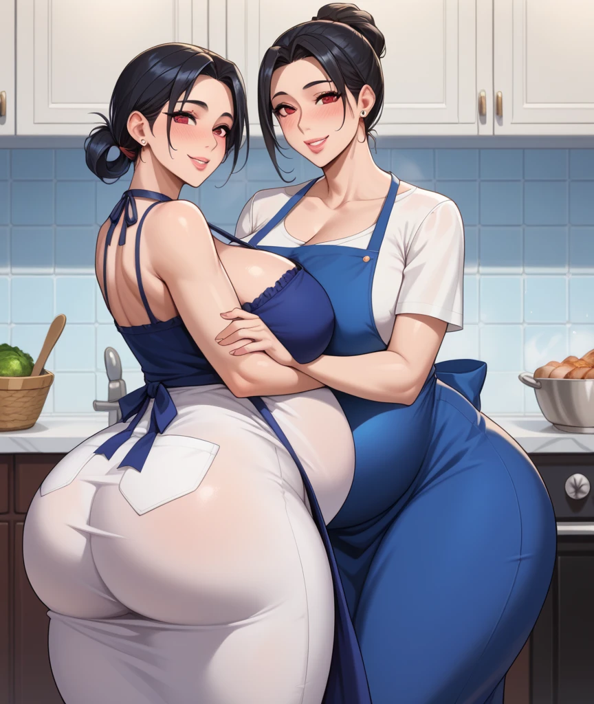 (highest quality:1.2),(Perfect beautiful face:1.2),(Perfect and beautiful posture:1.2),(Two extremely sweaty moms stand side by side in the kitchen,((Sweaty body:1.2), (Thick eyebrows:1.0),(Chubby:0.8), (Wearing sweaty lingerie and an apron, (sweat stain:1.3)), The smell of sweat drifts,smile, (mature female)
