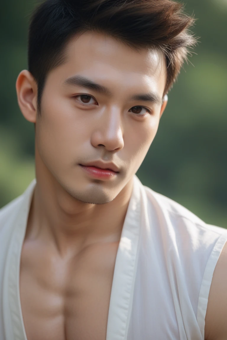 tmasterpiece, Best quality at best, 1 boy, Asian male, East Asians, One guy, Muscles are well proportioned,  posture, Short hair details，The face is very delicate，Smilingly, white teeth, white  shirt，Half dip，The chest muscles can be clearly seen, gym background, Realisticstyle，photography，seen from the front, view the viewer，