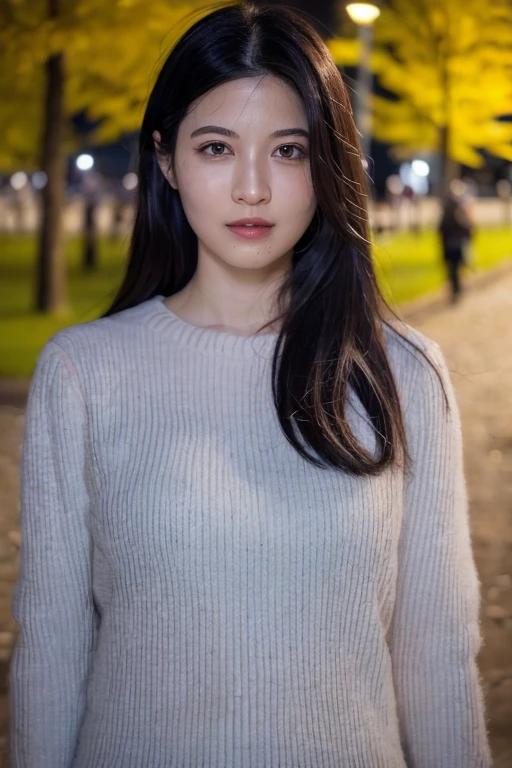 1 girl,( sweater :1.2),( RAW photos , best quality), (realistic, photo-realistic:1.4), masterpiece, very delicate and beautiful, very detailed, 2k wallpaper, great, fine-grained, very detailed CG unity 8k wallpaper, ultra detail, high resolution, Soft light, a beautiful girl with great attention to detail, very detailed eyes and face, beautiful detailed nose, beautifully detailed eyes,cinematic lighting, night view,Autumn scenery, in the park,perfect anatomy,slender body,Smiling whole body