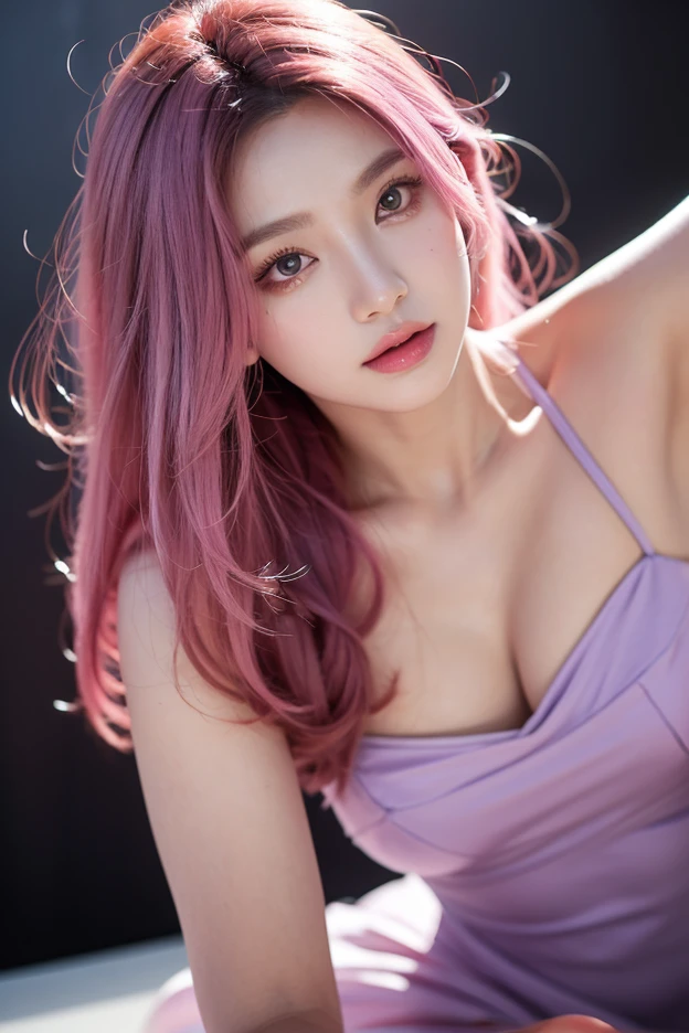 (best quality,8k,High resolution,masterpiece:1.2),Digital artwork, a girl,Detailed face,delicate eyes,pink purple hair,wavy long hair,shiny light pink eyes,red lips,Suspenders