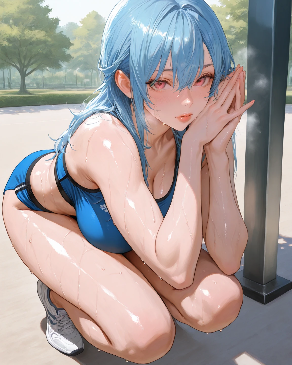 NSFW, male, huge penis, white tank top shirt, Teal messy worl fcut, shinging green ocean eyes, feminine face, small lips, big eyes, masterpiece, 8k, photorealistic, chiaroscuro lighting, dramatic shadows, cinematic composition, ocean background, sitting, fix the legs
