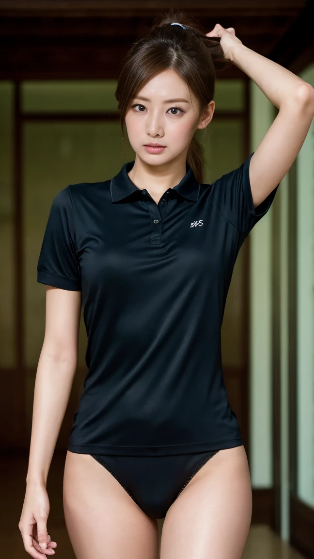 1girl, solo, shirtless, white sneakers, tennis suit, white panties, masterpiece, best quality, realistic, super detailed, (shiny skin, sweat: 1.4), ridiculous, looking at the audience, short black hair, brown eyes, slender, dynamic light and shadow, high resolution, sharp focus, depth of field, thin eyes, sharp pupils, realistic pupils, (small chest: 1.6), (thigh thickness: 1.0), Outdoors, sky