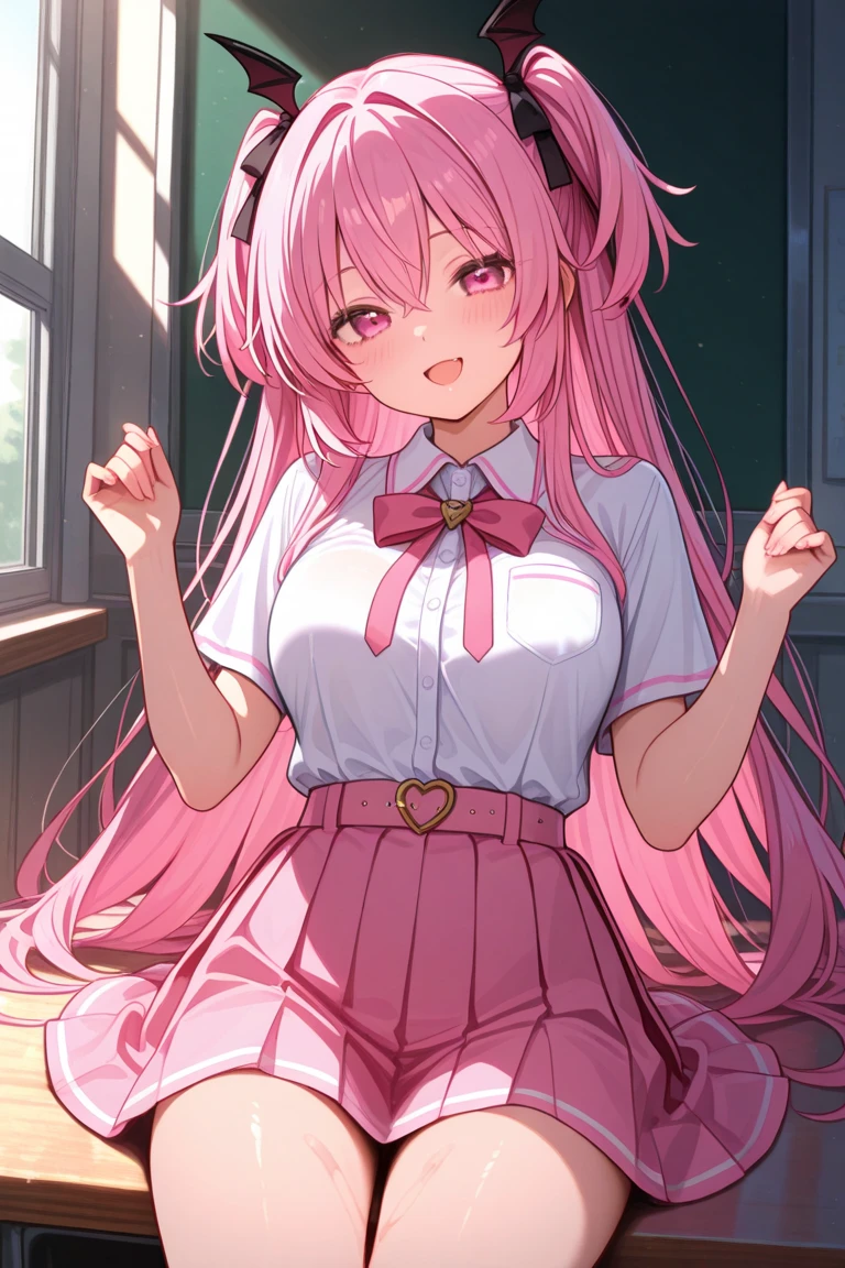 Girl with pink hair, long double-tailed hairstyle ((small pink bushy eyebrows)), lolicon, dressed in lolita dress, sunset lighting showing her body, very marked thigh gap, Thigh Gap, marked vagina, lifting her skirt to show her vagina wet with semen, thighs splashed with semen, with a flirtatious smile,
side doggystyle sex
