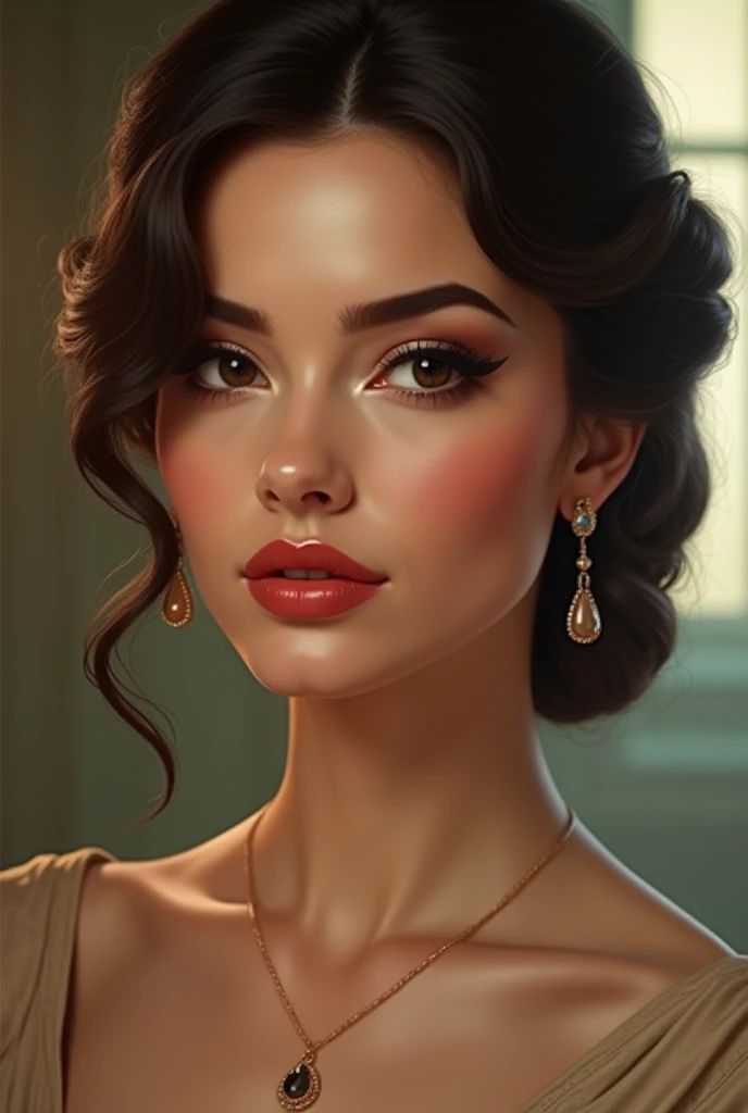 (La mejor calidad,realista:1),sexy, feliz, chaqueta color rojo, Ojos y labios detallados, Bold expression, long loosely black hair