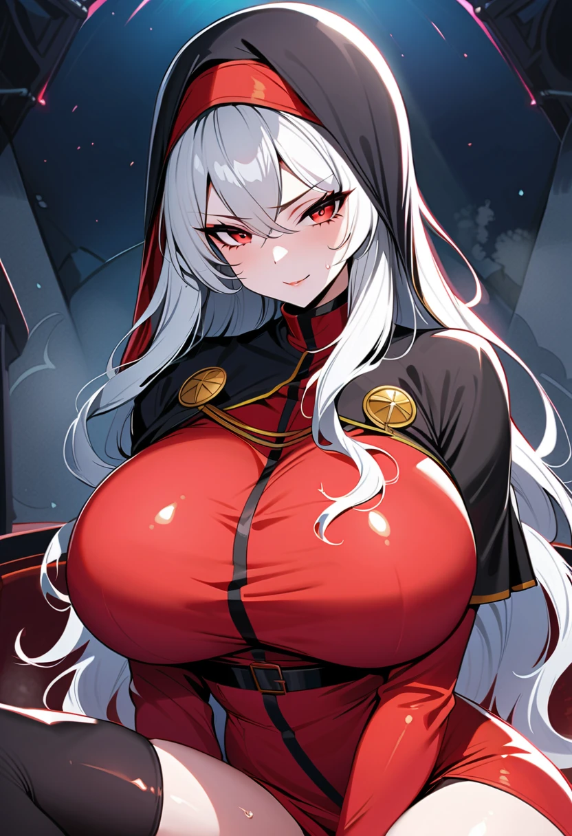 cleavage dragon girl dragon horns dress huge breasts looking at viewer pale-skinned female smiling at viewer white hair wide hips