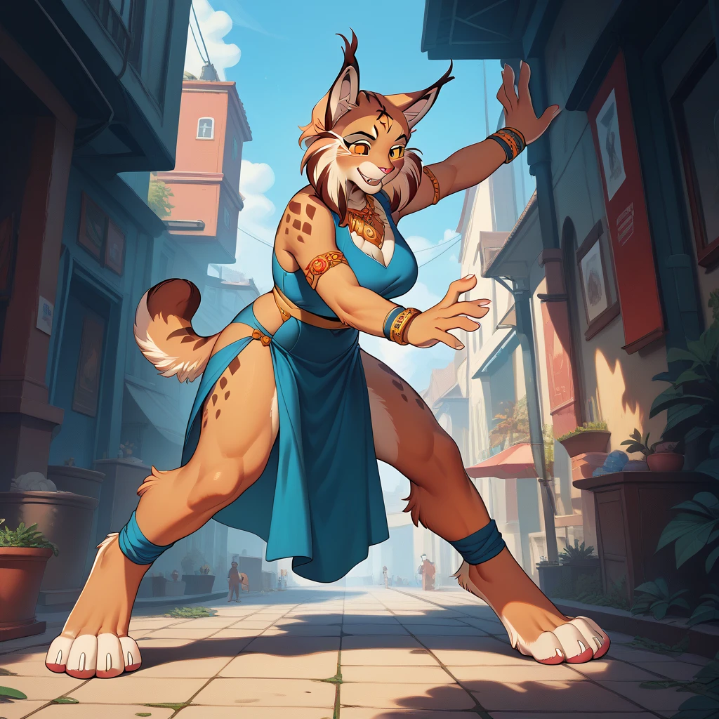 1girl, female, feline, red hair, yellow eyes, full body, 8k, film, masterpiece quality, semi realistic, high detail, hyper butt, jeans, bare feet, low angle, from behind, from below,standing upright, facing away, by darkgem, by kamicheetah,