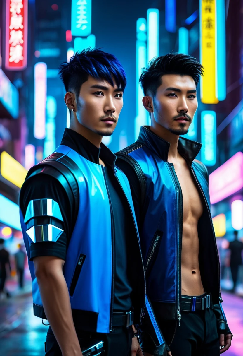 Cyberpunk digital art of a neon city with a figure of two samurai, highlighting the contrast between traditional and futuristic highly detailed 4K digital art, Stunning 8k graphics, Muscular men, blue neon, Inflated press, leather pants, Leather jackets, naked torso