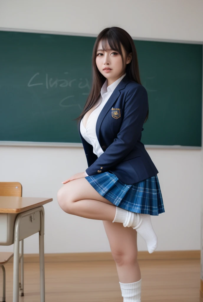 busty 20 year old asian girl wearing a sexy costume high heels and a classroom setting miniskirt