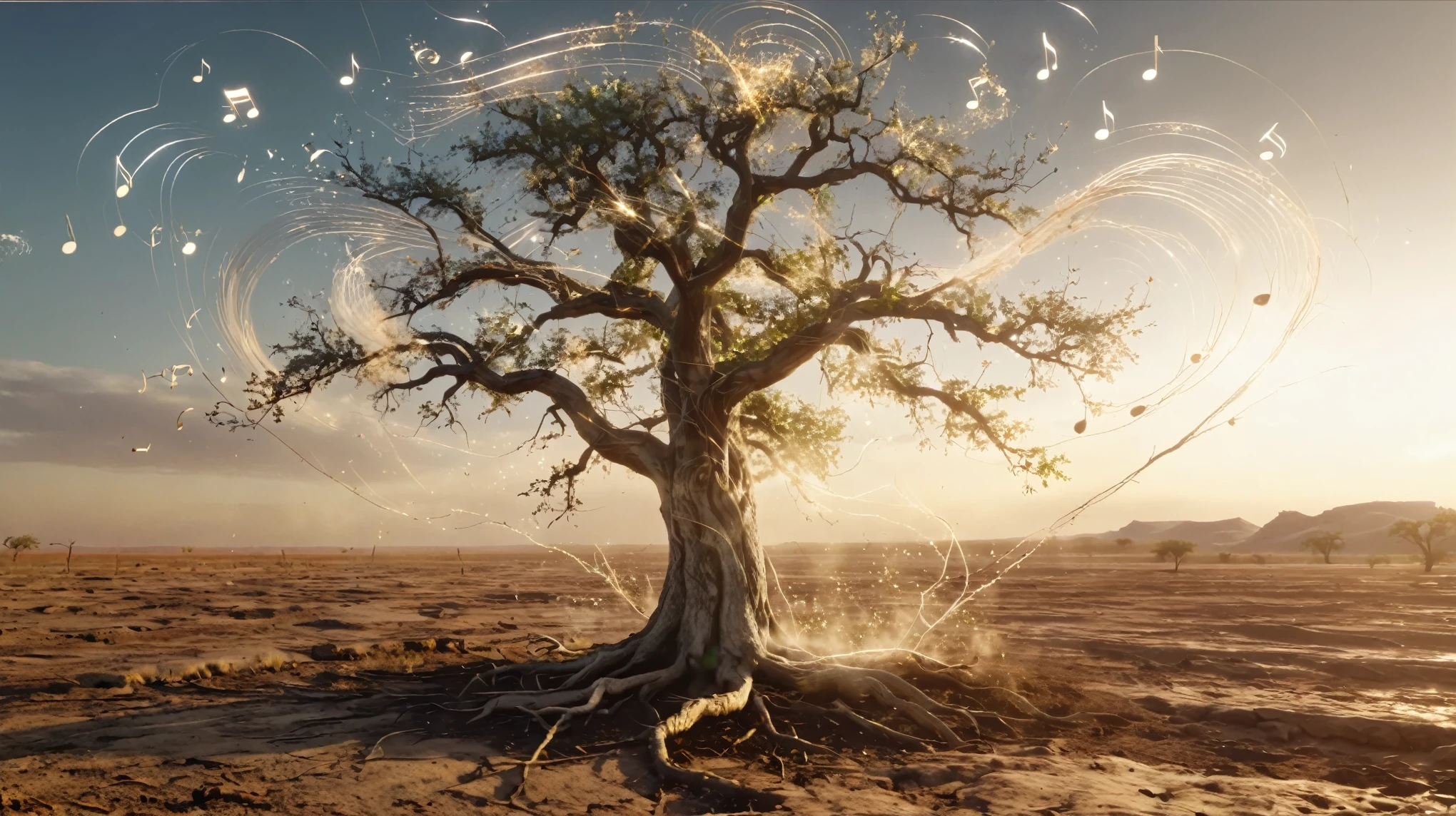 Dynamic photo of A tree from whose branches a wonderful musical sound is coming out, at a Barren land, realistic cinematic style, 4k ultra HD quality in 3D 