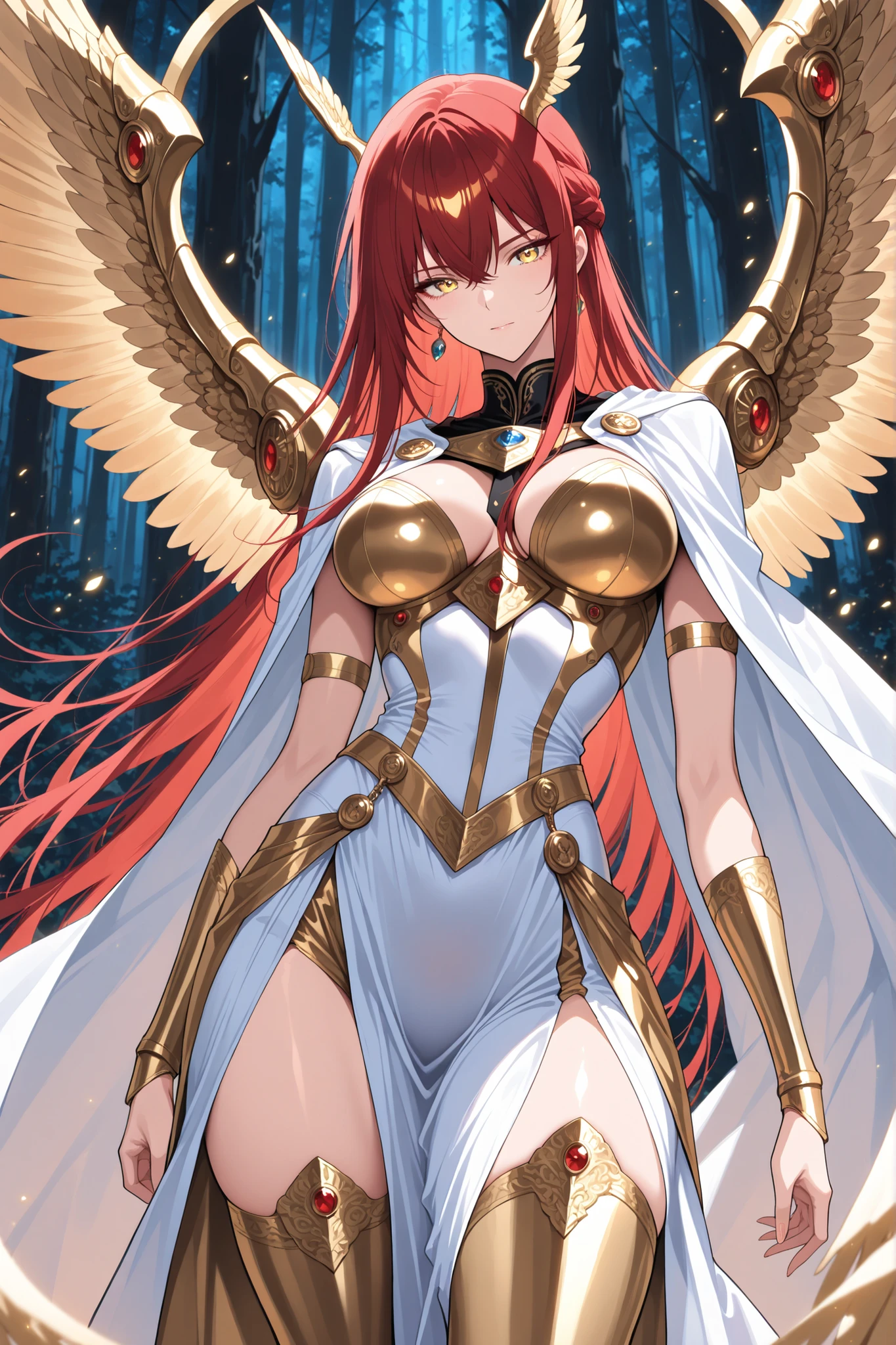(masterpiece:1.2), (best quality:1.2), (very aesthetic:1.2), (absurdres:1.2), (detailed background),newest, perfect anatomy, intricate details, 1 girl , golden eyes , very long hair , long sidelocks, red hair ,half updo, petite , very cute , beautiful ,Straight hair, cool, handsome, hair between eyes, sexy, medium breasts , adult, female, elegant woman, (valkyrie), beautiful face, manhwa-artstyle, Beautiful Hair and Eyes, standing in forest, wearing white and gold knight uniform, wearing long white and gold knight female skirt, wearing white and gold knight stockings, large white and gold angel wings,