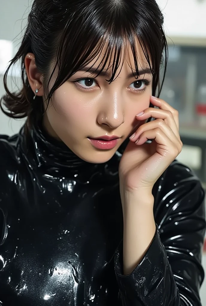 Outdoor, 1girl, sexy, wearing turtle neck clothes, wearing an accessories, wearing a bag in her shoulder, glowing eyes, long hair tied in two, realistic, 8k, Unreal engine, ultra detailed, photorealistic
