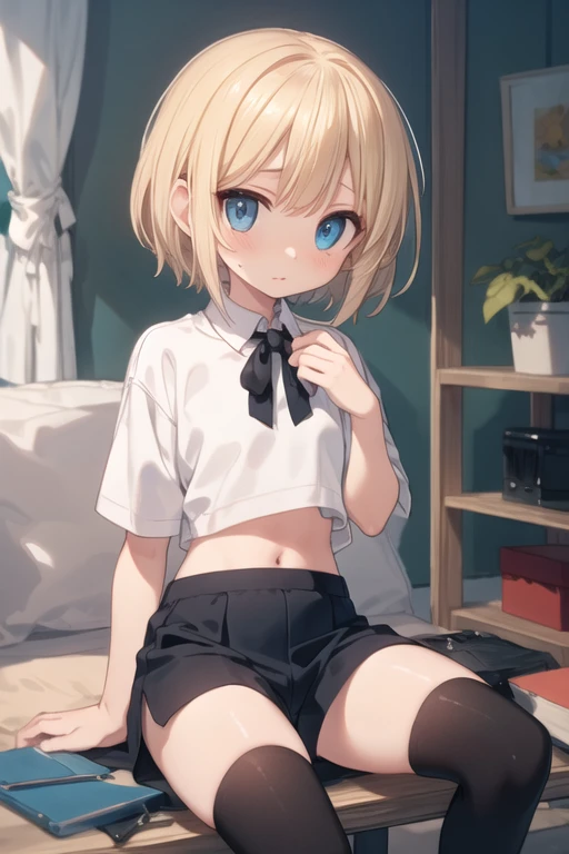 very cute and beautiful girl,(Very detailed美しい顔), (smile),blush,Black Hair,Seraphim,((Blonde、Short Hair)),(White Shirt、Pleated navy blue pread your legs、Squat)、Sitting、(From below)、(Lace panties), Country road, (Highest quality,masterpiece:1.0),Absurd,High resolution,Super detailed,Very detailed,32K,8k resolution, Intricate details,Movie Scenes,Detailed Background,alone,Dynamic Angle,
