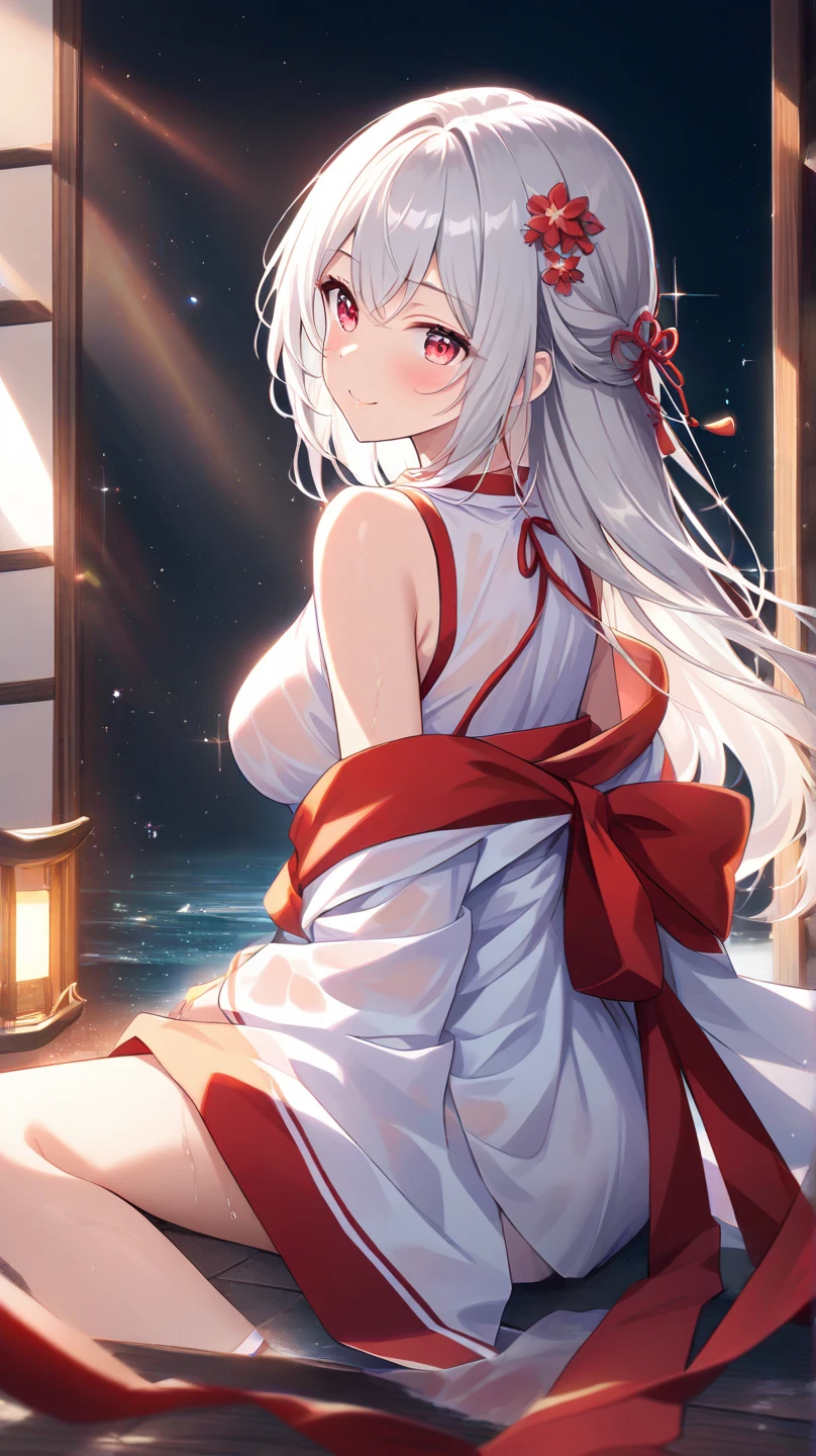 masterpiece,best quality,highres,
long hair,silver hair,red eyes,blunt bangs,side braid,china dress,indoors,bare legs.(ð),from above,city lights,sitting,laughing,hand on own face,
best lighting and shadow,stunning color,radiant tones,ultra-detailed,amazing illustration,an extremely delicate and beautiful,