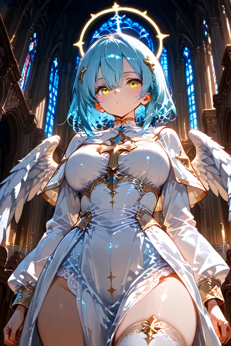 (superflat, masterpiece, flat shading, flat colors:1.1), Cinematic shot, Masterpiece, ((3 females)), european, (3 beautiful females), standing female teacher with two girls on a leash, humiliating , golden halo, halo, (hands on neck, choking:1.3), (chained, tied, golden chain, chain around bodies , chained collar, handcuffs, rough:1.4), leather gloves, leather, slim, angel wings, (cold light, cold blue tones), flat blue background, highly detailed, best quality, closeup