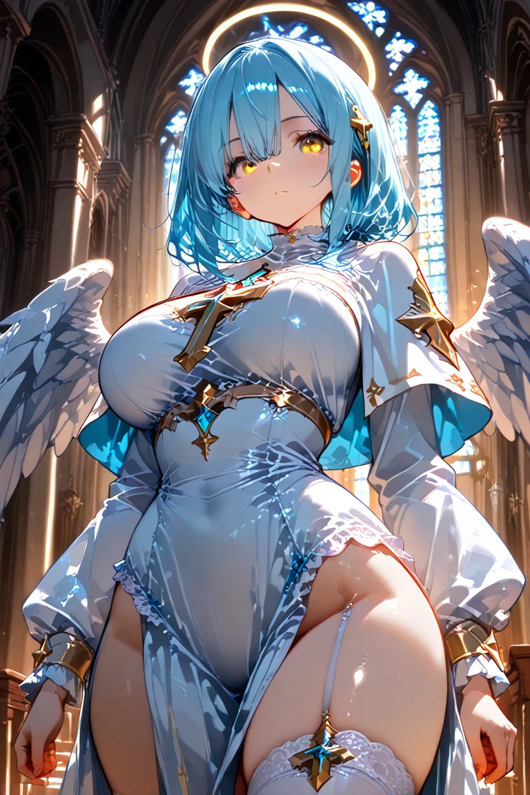 extra detailed face, Perfect Lighting, extremely details CG, 4K、8K、be shy、mournful smile、(Perfect hands, Perfect Anatomy)、Ultra-realistic photo of a girl in a majestic white and golden ball gown dress, Big beautiful dress, Complex puffy ball gown with lots of frills and rhinestones (Best Quality, masutepiece, ((Angel wings:1.2))。 art stations, Fantasy Art:1.2), Palace rooms, Beautiful cute girl, Rem of Rezero、(Blue shorthair:1.3), Bangs hide one eye、(Complex short gold skirt, Bare legs:1.2, Full body shot)、very Bigger breasts、White panties、(Clearly visible detailed female pubic shape: 1.4)、skirt rift、