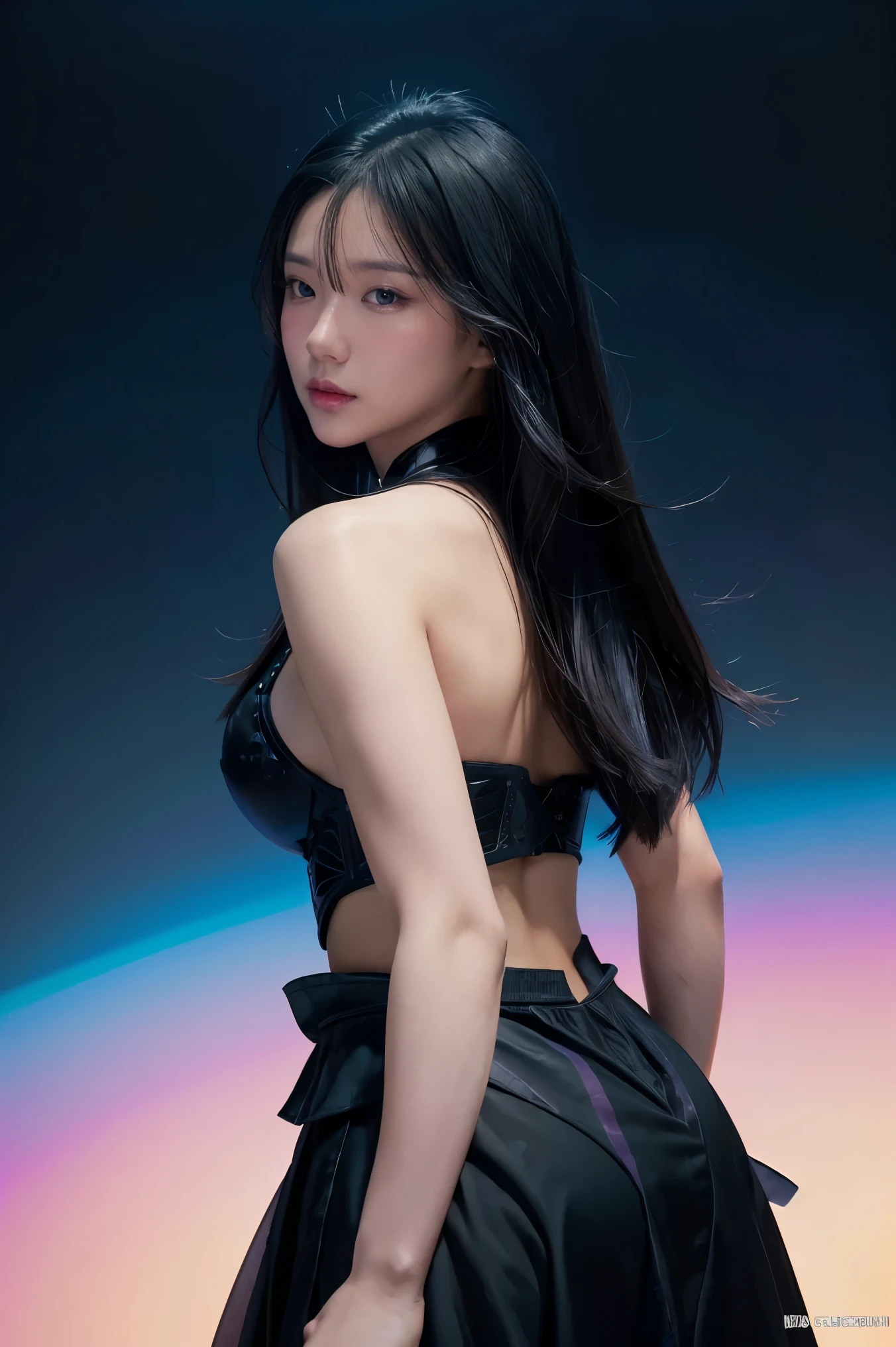 1girl, depth of field, official art, unity 8k wallpaper, ultra detailed, illustration, beautiful and aesthetic, masterpiece, best quality, knight, (big breasts), (milf, mature female), (black armor, armor, breastplate), beautiful face, (long hair, black hair, very straight hair:1.4, hime cut:1.4), blue eyes, cowboy shot, glowing skin, back lighting, athletic figure, muscular female, curvy, wide hips, colorful, looking at viewer, Hyperrealistic, gradient background, dark background, outline, fantasy, from the front, watercolor, traditional media, (chromatic aberration, intricate details), thick body, kim kardashan body type, ice queen, ice blades flying around,