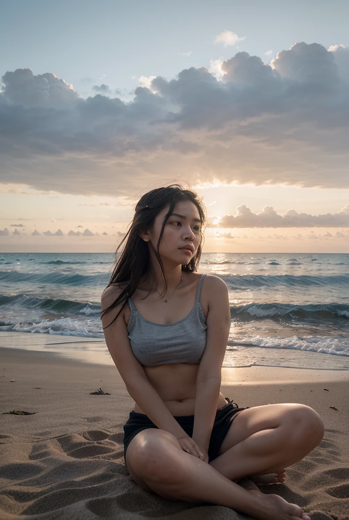 Beautiful woman, tan skin, pacific islander, on all fours, (tight long sleeve shirt), unzipped, cleavage, (drawstring shorts:1.2), (sneakers), braided hair, big butt, outside, setting sun, beach, sand, ocean, full-body shot, messy bun, blushing, Hyperrealism, depth of field, cinematic lighting, wide shot, Wide-Angle, UHD, masterpiece, textured skin, high details, high quality, highres, 16k, sexy pose, seductive pose
