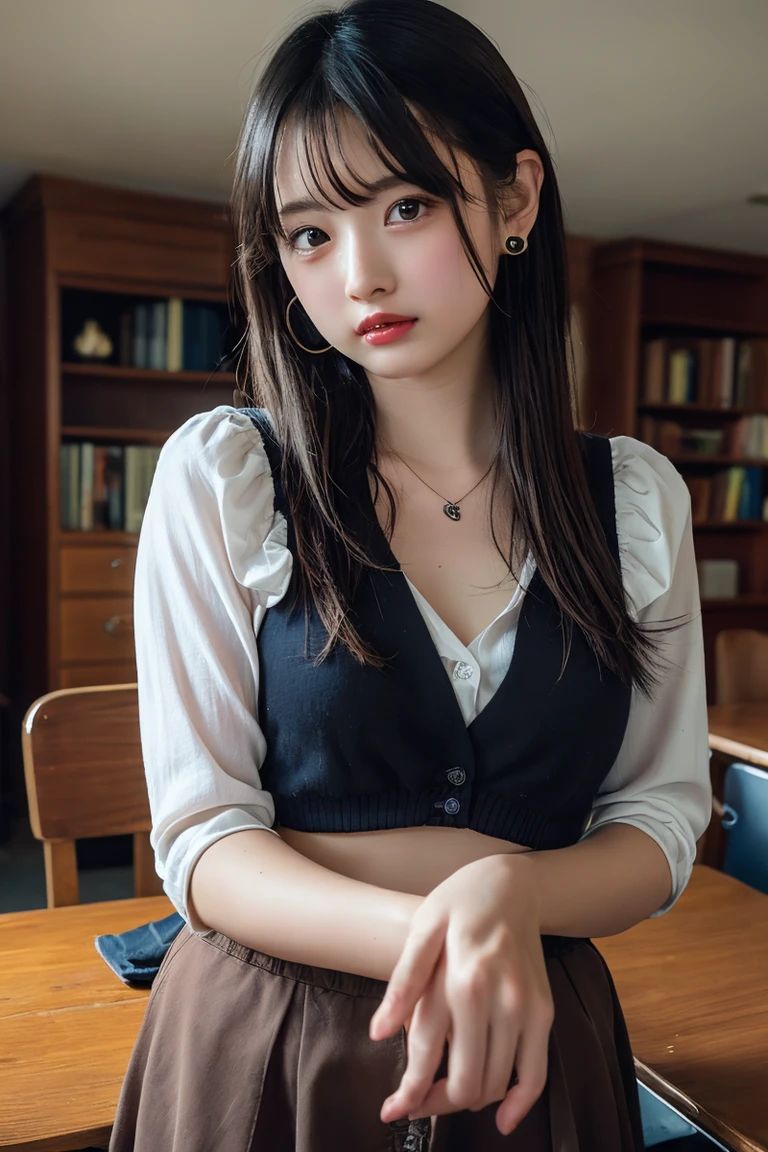 (masterpiece, best quality: 1.2), yoru(chainsaw man),(very detailed face, real image, realistic skin, realistic body, intricate details), red eyes (intimidating look), light blush, social clothing, semi-open button-up shirt (White), white bra, Skirt (black), black belt with buckle, big hair (stuck with braids), small breasts, close-up, large thighs, classroom, blackboard.