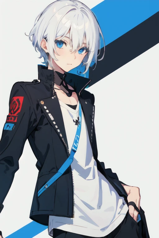 Super detailed, One boy, Official Art, unity 8k wallpaper, Fan art, Commissioned Works, Professional Artist, Digital Art, Fascinating, face, ((Flat Color)), ((Cel shade)), White skin, pure White skin, Light Race, Black Shirt, Black hoodie, blue eyes, Black long pants, Black gloves, Silver Chain,