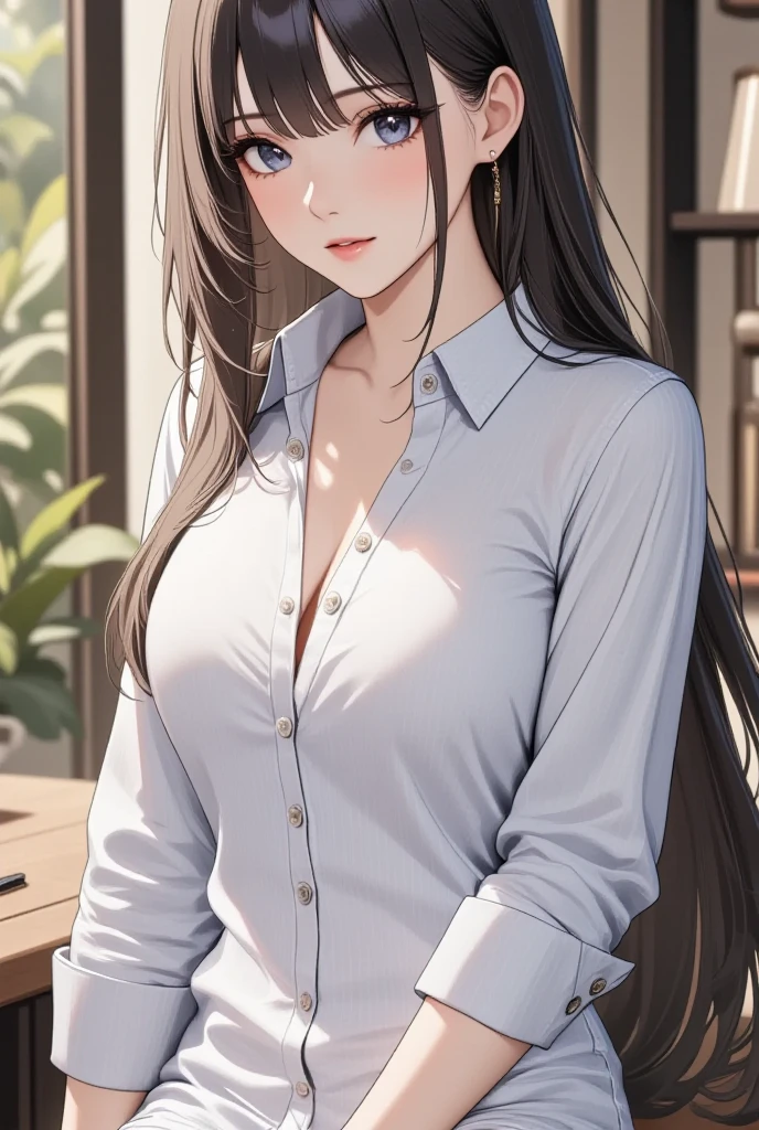 (masterpiece:1.3, Highest quality, Ultra-high resolution, Very detailed), (Realistic, photoRealistic:1.4), Beautiful illustrations, Perfect lighting, Natural light, colorful, Written boundary depth, Surrealism,
Beautiful detailed hair, Beautifully detailed face, Beautiful attention to detail, Beautiful clavicle, Beautiful body, Beautiful breasts, Beautiful thighs, Beautiful legs, Beautiful fingers, Glowing Skin,
View your audience, 1 girl, Japanese, secretary, (Perfect Anatomy, Anatomically correct, Very detailed肌), Cute and symmetrical face, , Perfect Face, Perfect Eyes, thin,
(Long Hair:1.8, Straight hair, Black Hair), Swept-apart bangs, Chestnut brown eyes, Slanted Eyes, Long eyelashes,sexy (Mid-chest, Captivating thighs),
((Detailed cloth texture, Office casual with a sense of cleanliness)),
(Beautiful views), noon, (Private room in the office), Are standing, Check today's schedule、(Cute Smile, Upward glance),I like you