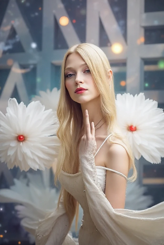 (dynamic pose:1.2),(dynamic camera),(incredible crazy art:1.3),Slavic smiling young woman,long blonde hair,full lips,(posing for image),(masterpiece, top quality, best quality, official art, beautiful and aesthetic:1.2), extreme detailed,(clothes, a red and white stitch pattern art),(colorful flowers background),highest detailed, (natural colors, correct white balance, color correction, dehaze,clarity), in the style of intimacy, dreamscape portraiture, solarization, shiny kitsch pop art, solarization effect, reflections and mirroring, photobash