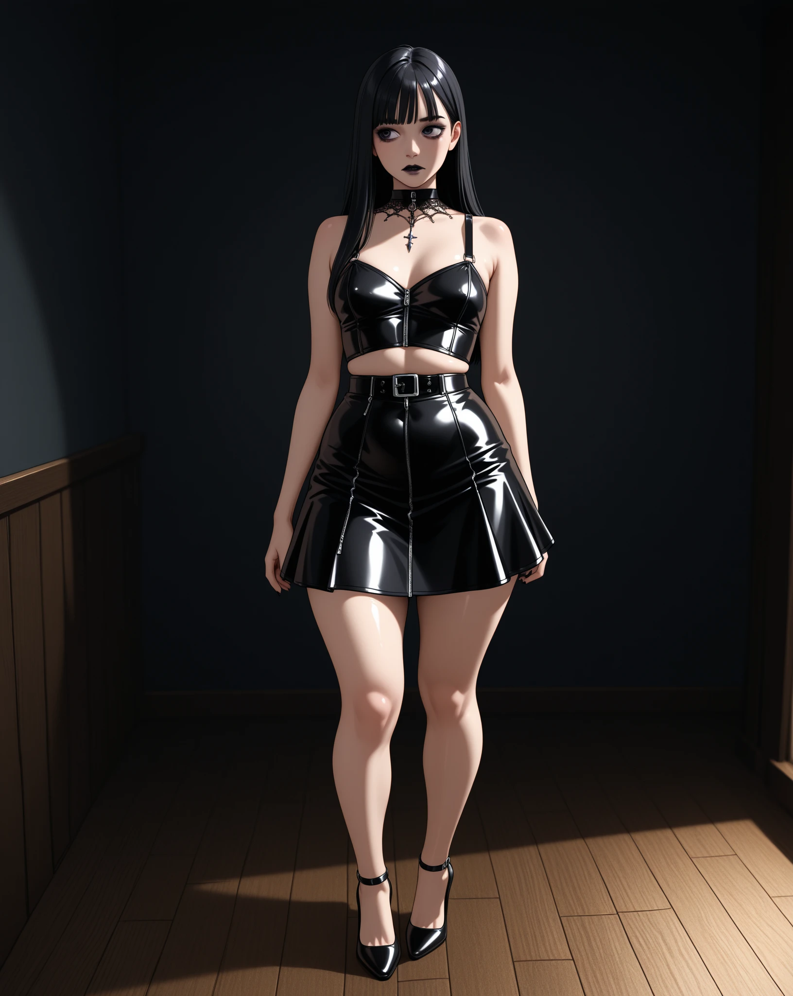 I want a 3D image，The picture is of Misa Amane from Death Note，She has curly hair and bangs，, Black hair and brown eyes, Holding in hand，Wearing a black dress，Black tights on arms , On a dark background
