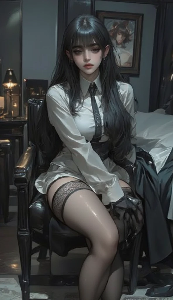realistic, High resolution, soft light,1 female, alone, hip up, glowing skin, (detailed face),tattoo, jewelry, Secretarial Uniform, white shirt, black skirt, black stockings, garter belt, night, blonde hair, wavy hair, Beautiful Soldier, Eyes that invite the viewer, lover&#39;s perspective, an inviting look, sexy smile, perfect style, perfect balance, fine skin, naughty look, I can see your chest