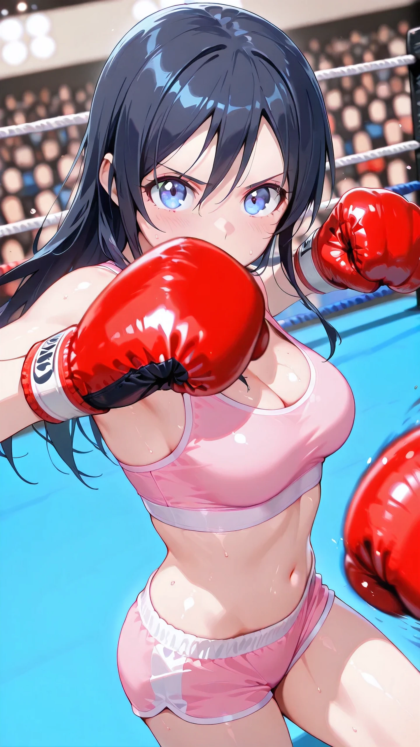 ayase aragaki, solo, (punching at viewer:1.3), long hair, blue eyes, black hair, pink sports bra, pink sports very short spats, boxing gloves, bare thigh, cleavage, medium breast, Perfect body, detailed eyes, detailed face, glaring, looking at viewer, (portrait, from side-above).
boxing ring, spectator seats, (depth of field).