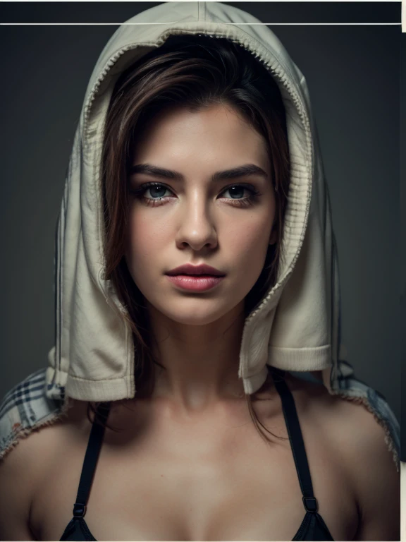 <lora:Grace:.7>, seductive expression, expressive , seductive, aroused, upper body, at front, portrait, simple background, dark background, <lora:GoodHands-vanilla:0.8> better_oppai, flat chest, , long hair, Dusty Rose Pink pencil eyeliner, earrings, necklace, Camel stain lipstick , Saffron , (hooded sweatshirt), hoodie, hood