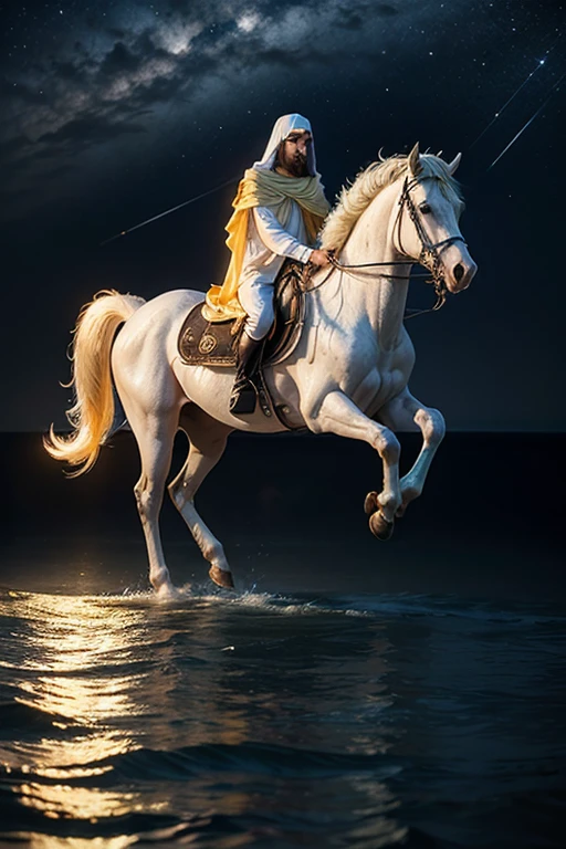 One man with good height and six pack body sitting above the horse with knife on his hand ,he is under the ocean that horse and the man are under the ocean,he is bramhana man and he weared pure white cloths on his body