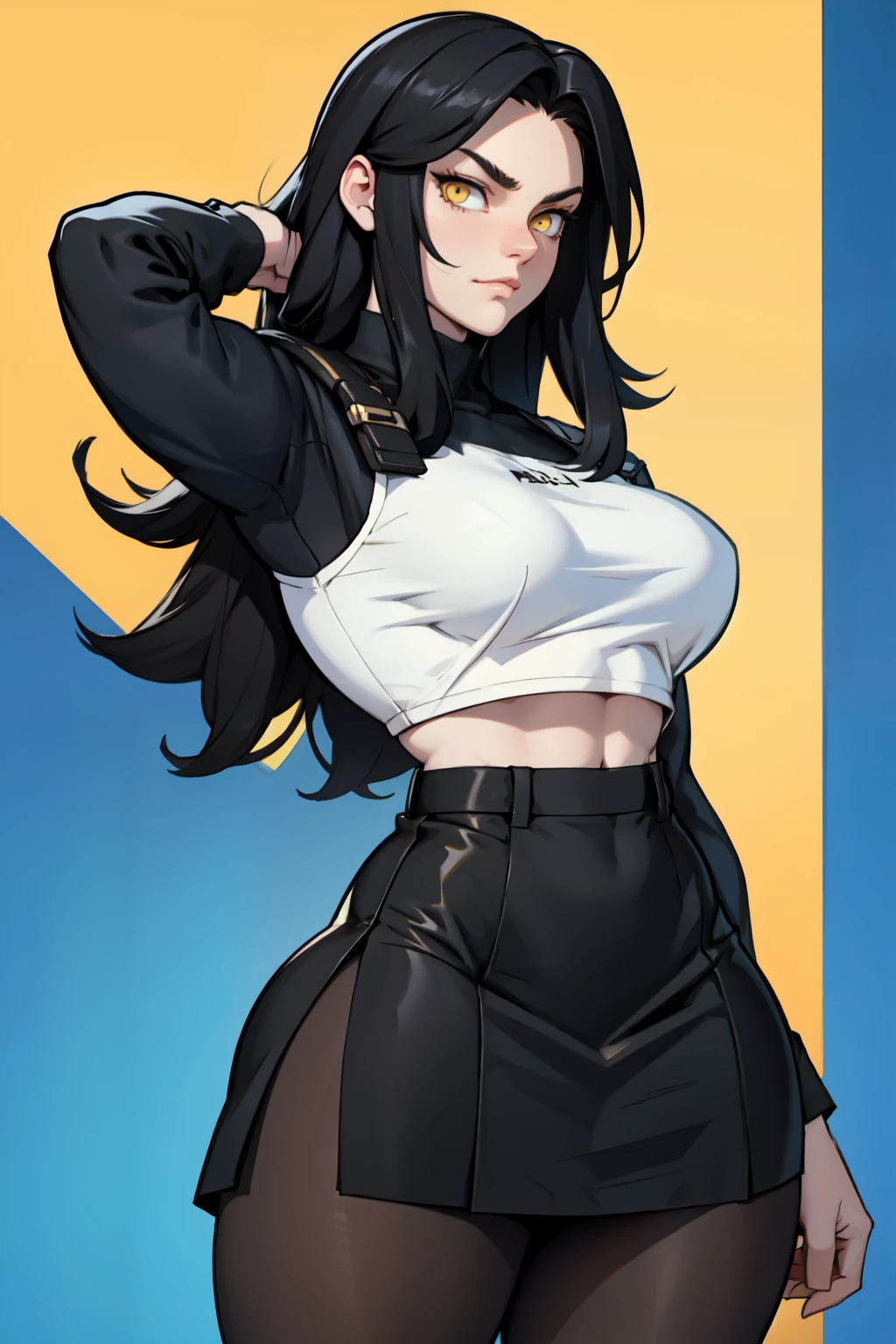 black hair yellow eyes pale skin long hair hair between eyes voluminous hair muscular girl thick thick thick breasts