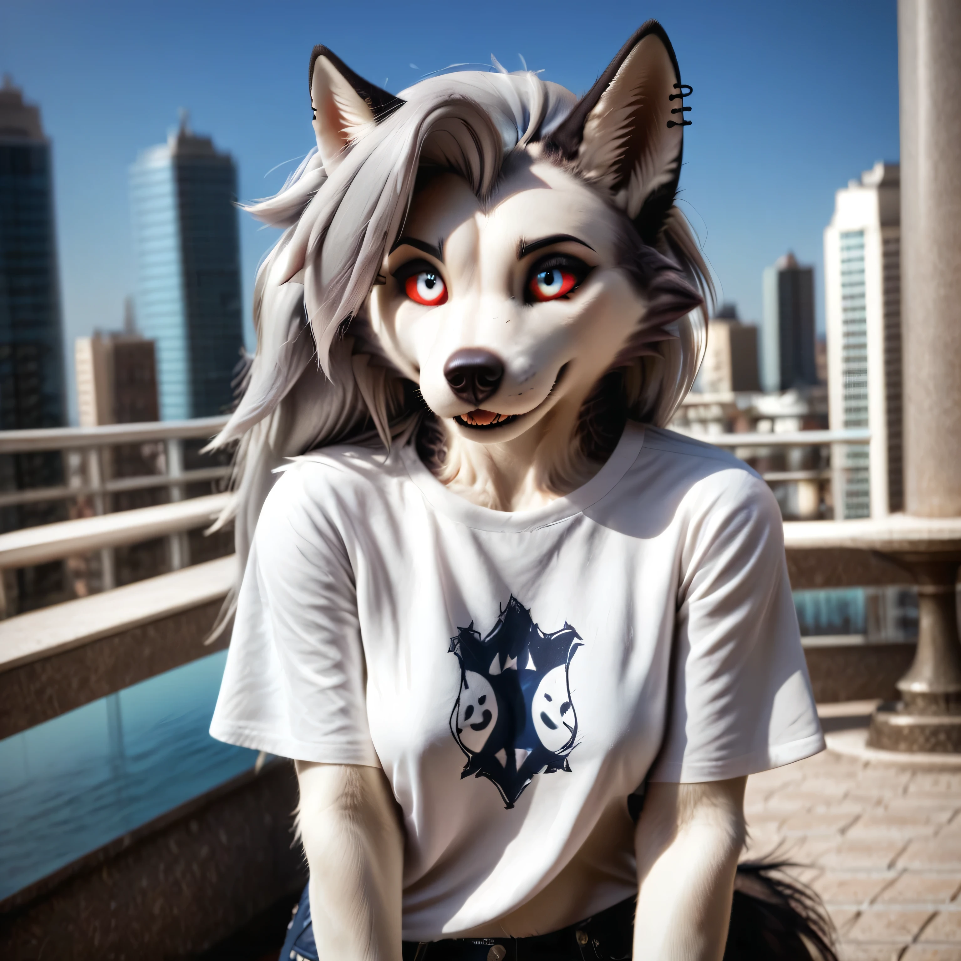 Loona, furry, tall, fluffy tail, wearing jeans and t-shirt, daytime, city, fountain square, many people, detailed, solo, beautiful, high quality, 4K,