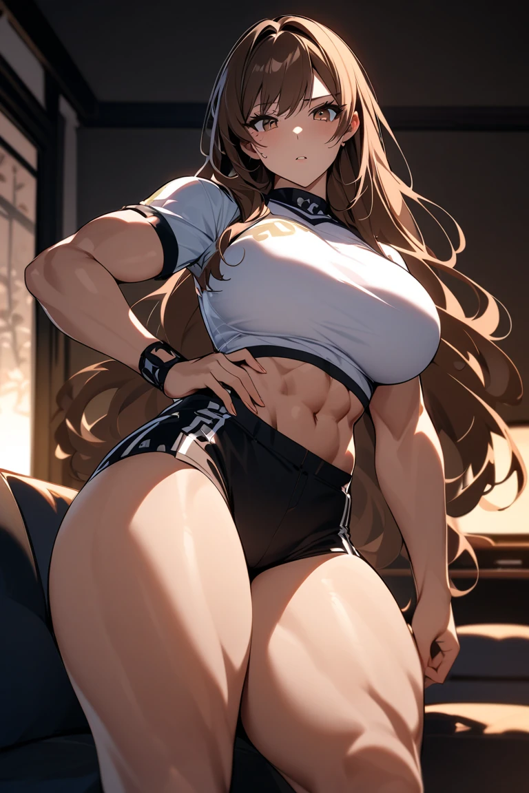 Two young women, (anime), full body poses, exercising intensively in a gym, wearing sport bras and thong made of see-through fabric, with sweat glistening on their bodies. Both have detailed short and messy multicolored hair with smirks face, and one of them has visible pubic hair. They have toned athletic bodies whit slim waist and huge sized breasts. (puffy nipple:1.3)