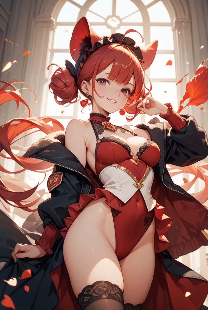 girl with big thighs and medium sized breasts. with a jester suit, white and almost transparent pantyhose, and shoes with red cotton balls in the center. the jester's costume must be black and white; including the jester's hat. The skin must be white and eyes, one black and a white glow. and a white eye with a light blue glow; and symbols of red diamonds on the cheeks. with a medium sized butt and a slim waist. expression: exaggeratedly smiling smile. atmosphere: circus with lots of lights and fireworks