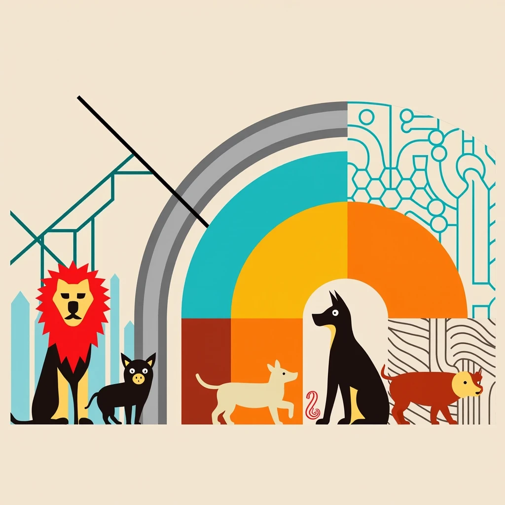 zoo, (animals, lion, cat, dog, pig, monkey),bauhaus style, geometric parts, mutile lines, multi circles, 3triangles,(color palette is light blue orange yellow grey brown), ,,,double exposure, flat art, minimalist, geometric pattern, ancient pattern
