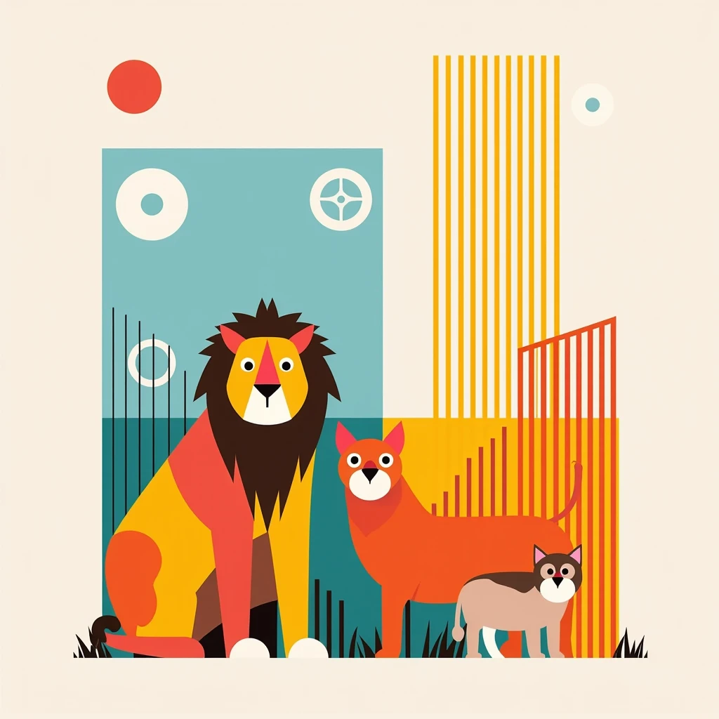 zoo, (animals, lion, cat, dog, pig, monkey),bauhaus style, geometric parts, mutile lines, multi circles, 3triangles,(color palette is light blue orange yellow grey brown), ,,,double exposure, flat art, minimalist, geometric pattern, ancient pattern
